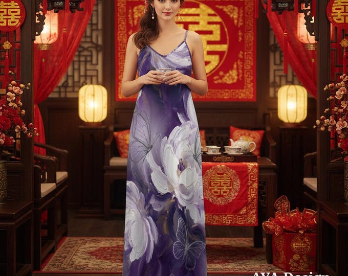 Purple Floral Butterfly Maxi Dress – Artistic Watercolor Sling Gown