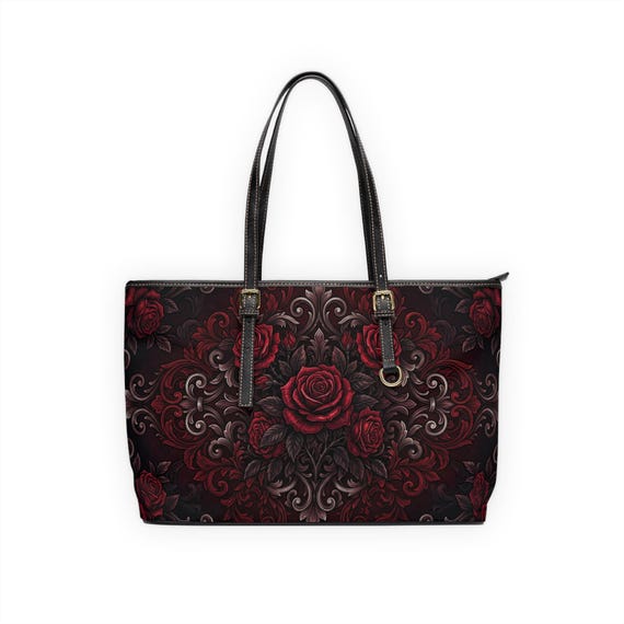 Dark Red Rose Baroque PU Leather Shoulder Bag | Floral Tote