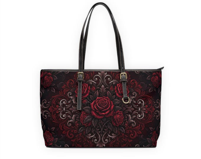Dark Red Rose Baroque PU Leather Shoulder Bag | Floral Tote