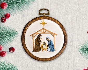 Embroidered Nativity Christmas Ornament: 4 inch Wooden Hoop