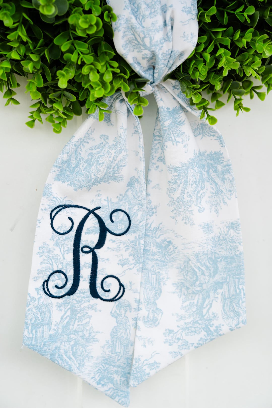 Monogram Wreath Sash | Blue Toile Door Decor - Fishtail, Embroidered Initial
