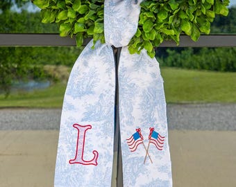 Blue Toile Patriotic Wreath Sash | Grandmillennial 4th of July Door Decor