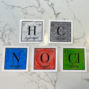 Può includere: Cinque carte quadrate che mostrano elementi della tavola periodica. Idrogeno, carbonio, azoto, ossigeno e cloro sono mostrati con i loro simboli, numeri atomici e masse atomiche. Ogni carta ha un colore di sfondo e un design unici.
