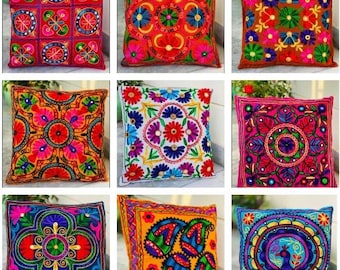 Embroidered Floral Pillow Cover: Colorful Suzani Cotton, 16x16 Boho Decor