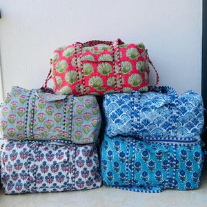 Grandi borsoni in cotone con toppe, in tessuto trapuntato con stampa a blocchi, borse da weekend per donne, regali per le feste, borse da viaggio colorate fatte a mano