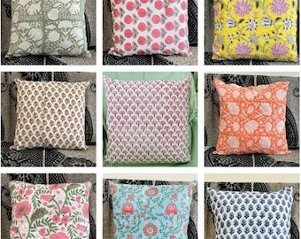 Indian Floral Pillow Cover, Block Print Cotton Cushion