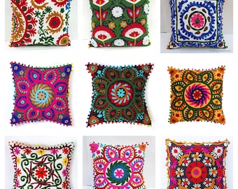 Colorful Hand Embroidered Decorative Pillow Cover, Suzani Pillow Cover, Mexican Outdoor Throw Pillow  Cover, Boho Pillow Cover Hippie Pillow