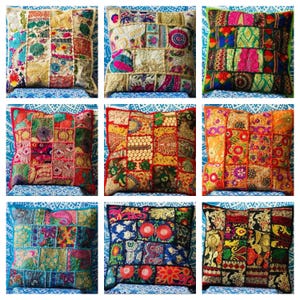 Hippie pillow saree cushion cover Indian throw pillow Patchwork Boho Pillows Indian Patchwork Cushion Cover (16x16)