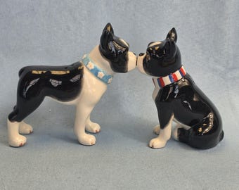 Boston Terrier Dog Kissing Magnetic Nose Salt and Pepper Shakers Ceramic Pai
