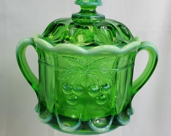 Mosser Glass Vaseline Opalescent Cherry & Cable Pattern Biscuit Jar Finial Lid