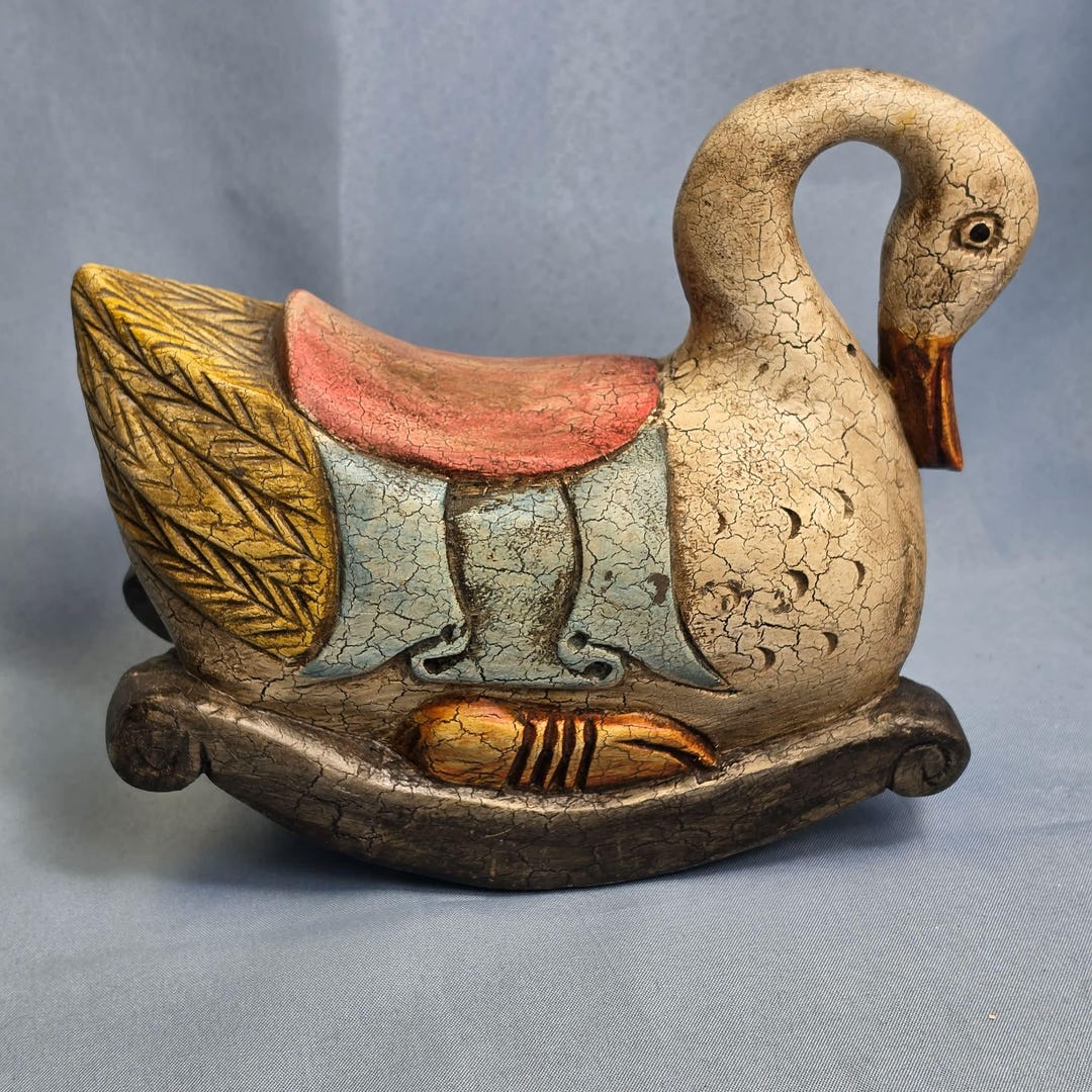 Vintage Resin Swan Rocking Chair Figurine Crackle Finish Folk Art Decor ...