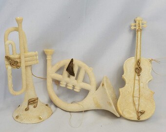 Vintage Plastic Musical Instrument Ornaments Horn Trumpet Violin Set