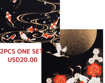 TWO Furoshiki Japanese Traditional Cotton Cloth 50cmX50cm Carp(Nisiki-goi) and Crane