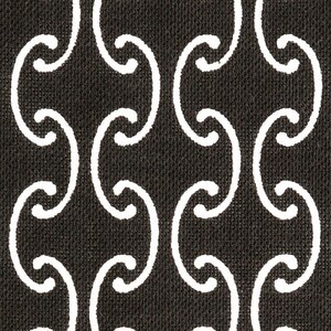 May include: Black and white fabric with a repeating pattern of stylized curved lines. The fabric has a textured surface.
