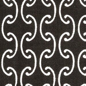 May include: Black and white fabric with a repeating pattern of curved lines forming a geometric design.