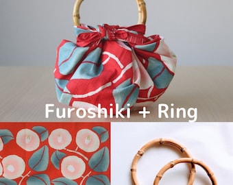 Furoshiki Japanese Traditional Cotton Cloth 48cm (18.9")red + Bamboo ring Yumeji's Tsubaki,gift