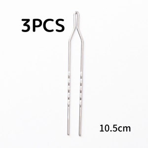May include: Three silver hair pins, each 10.5 cm long, with a loop at the top and a textured design on the shaft.