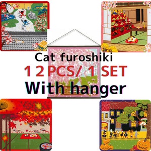 Neko Cat Fabric Furoshiki Pack of 12 with hanger/Japanese Wrapping Cloths/Japanese Wall Hanging Furoshiki Fabric