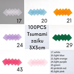 Könnte beinhalten: Ein Satz mit 100 Papierquadraten in 10 verschiedenen Farben: Weiß, Hellblau, Hellorange, Helllila, Grün, Rosa-Rot, Hellrosa, Gelb, Hellgrün und Lila. Die Quadrate sind in Reihen zu fünf angeordnet, wobei jede Farbe einmal in jeder Reihe vertreten ist. Der Text "100PCS Tsumami zaiku 3X3cm" ist in der Mitte des Bildes gedruckt.