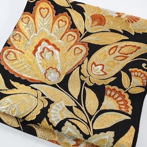 Vintage Obi, Japanese kimono belt, Authentic Silk Obi. flower,black,Rokutsu,420cmX30.8cm gift