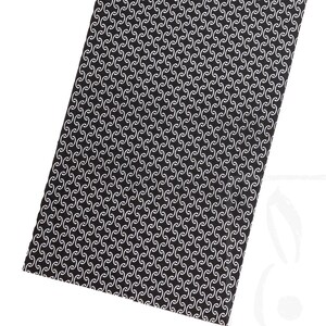 May include: Black fabric with a white repeating pattern of curved lines.