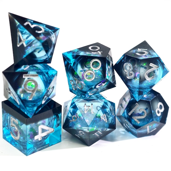 Flüssiger Kern Blau Schwarz Dnd Würfel, Polyedrische Scharfkantenwürfelset, Harz Flüssigwürfel, RPG Würfel Dungeons und Drachen Gaming Liebhaber Geschenk