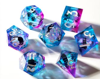 Pink Blue Swirl Black Cat Liquid Core Resin Dice Set: Sharp Edge Resin Dice for DND RPG Games | Handmade Collector's Gift