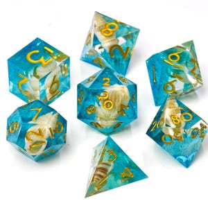 Ocean Blue Conch Shell Dice with - 7 PCS Transparent Resin Polyhedral Gold Numbers - Nautical RPG Sea Theme Gaming Sharp Edge DnD Dice