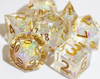 Rainbow DND Dice Set Gold Numbers, Transparent Sharp Edge D&D Dice Full Set, Dungeons and Dragons Polyhedral RPG D6, D20 Gaming Dice