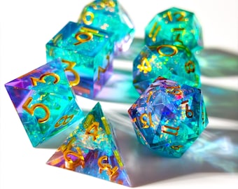 Purple Handmade Resin DND Dice For Role Playing Games, Green D&D Dice Set DND, Galaxy Glittering Sharp Edge Dice Set