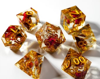 Real Rose & Gold Dice Set: Handmade Red Rose Resin Dice Set Clear Resin TTRPG Romance Dice Sharp Edge Dice