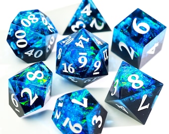 Stardust Geode - holographic handmade resin sharp edge dice set for DnD, D&D, Dungeons and Dragons, RPG dice, galaxy dice