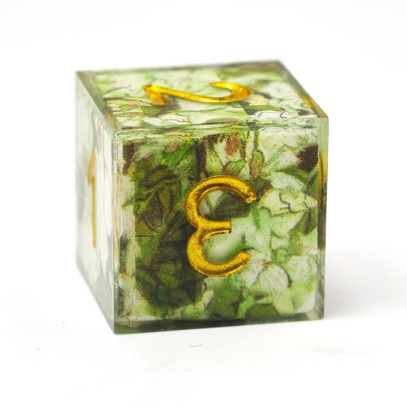 K&ouml;nnte beinhalten: Ein sechsseitiger W&uuml;rfel mit einer klaren Harzoberfl&auml;che und einem eingebetteten Blumenmuster in Gr&uuml;n- und Wei&szlig;t&ouml;nen. Die Zahlen auf den Seiten sind in einer metallisch goldenen Farbe gepr&auml;gt, wobei die Zahl Drei vorne zu sehen ist.