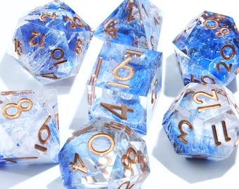Blue Ocean Wave Resin Dice Set with Copper Numbers | 7-Piece D6 Polyhedral Dice for DND, RPG, Tabletop Games | Unique Gift for Gamer