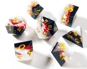 Black Red White dice, fire dice, handmade resin sharp edge dnd dice set for DnD, D&D, Dungeons and Dragons, RPG D6, D20 Dice