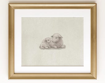 Lamm Aquarell Kinderzimmer Bild: Mama und Baby Tier Illustration (Digitaler Download)