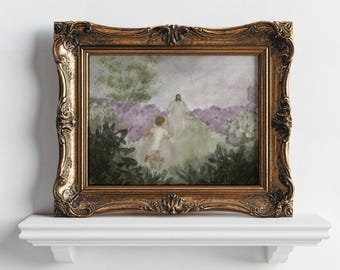 Kind rennt zu Jesus Aquarell Kunst: Christliche Wohnkultur (Digitaler Download)