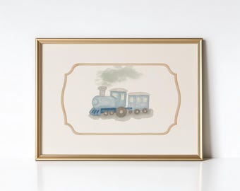 Aquarell blauer Zug Druck: Vintage Kinderzimmer Wandkunst (Digitaler Download)