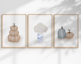 Aquarell Herbst Prints 3er Set Kürbisse, Hortensien (Digitaler Download)