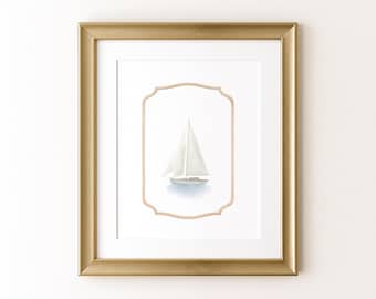 Küsten Segelboot Aquarell Druck: Salbei Blau Strand Haus Dekor (digitaler Download)