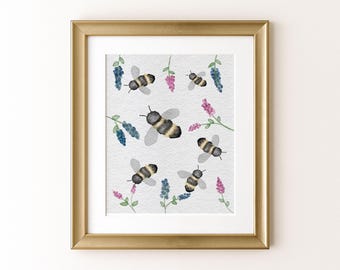 Biene und Glyzinien Aquarell Druck - Cottagecore Kinderzimmer Kunst (Digitaler Download)
