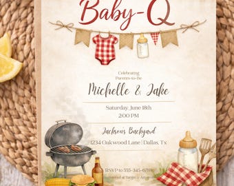 Baby-Q Baby Shower Invitation, BBQ Theme, Editable Canva Template