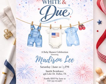 Red White, Due Baby Shower Invitation, 4th of July Baby Shower Invite, Patriotic Gender Neutral Baby Sprinkle Template, watercolor fireworks