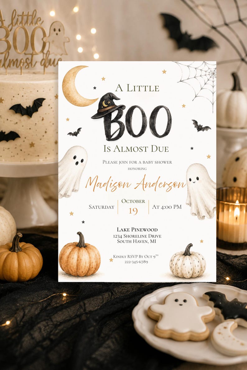 May include: A white baby shower invitation card featuring a watercolor illustration of two ghosts, two pumpkins, a crescent moon, and a witch hat. The text reads A LITTLE BOO IS ALMOST DUE, honoring Madison Anderson, Saturday October 19 at 4:00 PM.