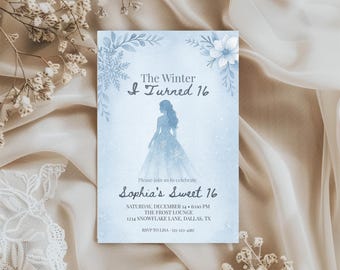 May include: A light blue invitation card with the text "The Winter I Turned 16" and "Sophia's Sweet 16". The card features a silhouette of a woman in a gown and floral and snowflake designs. The card is surrounded by white flowers and a beige fabric.