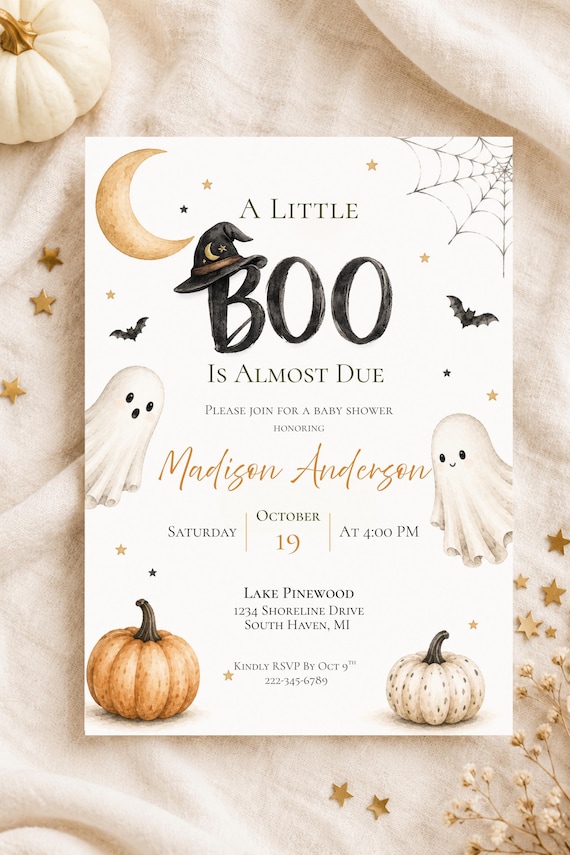 Halloween Baby Shower Invite, Sweet Ghost Baby Shower, A Little Boo Is Almost Due Baby Shower Invitation Template, Editable Canva Template