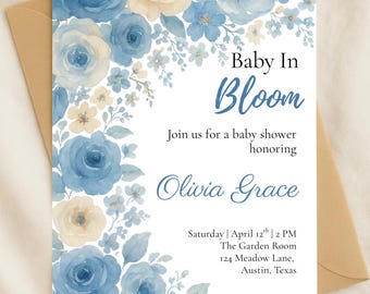 Baby in Bloom Boy Baby Shower Invitation | Blue Floral Canva Template | Editable Invite