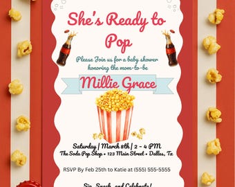 She’s Ready to Pop Baby Shower Invitation | Popcorn & Soda Theme | Editable Canva Template