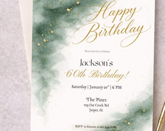 Green Gold Watercolor Birthday Invitation Template (Editable Canva Template, 5x7 inches, Digital Download