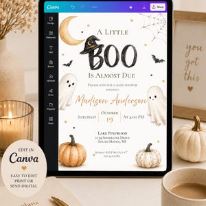 Halloween Baby Shower Invitation, A Little Boo Is Almost Due, Editable Canva Template image 4